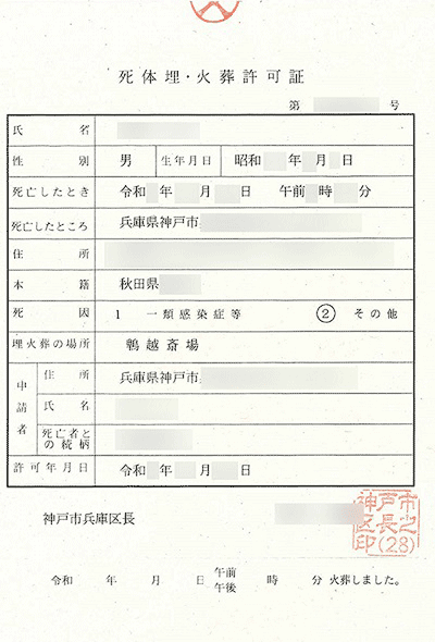 死体火葬許可証のサンプル