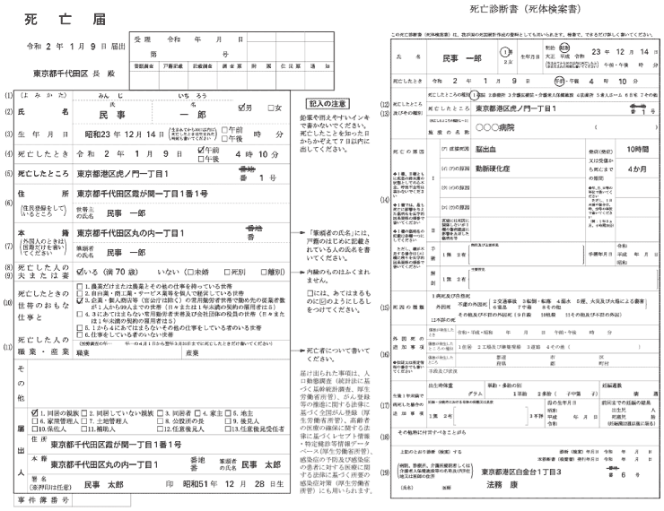 死亡診断書（死体検案書）兼死亡届のサンプル